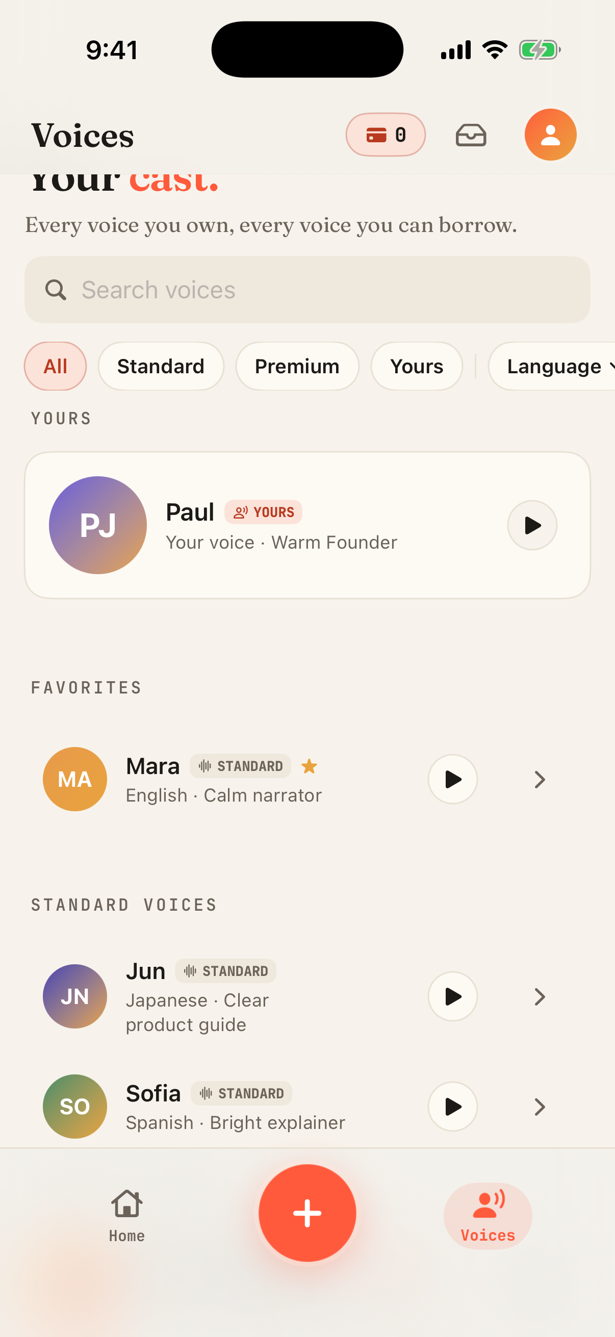 Voice Over AI Studio voices library screen