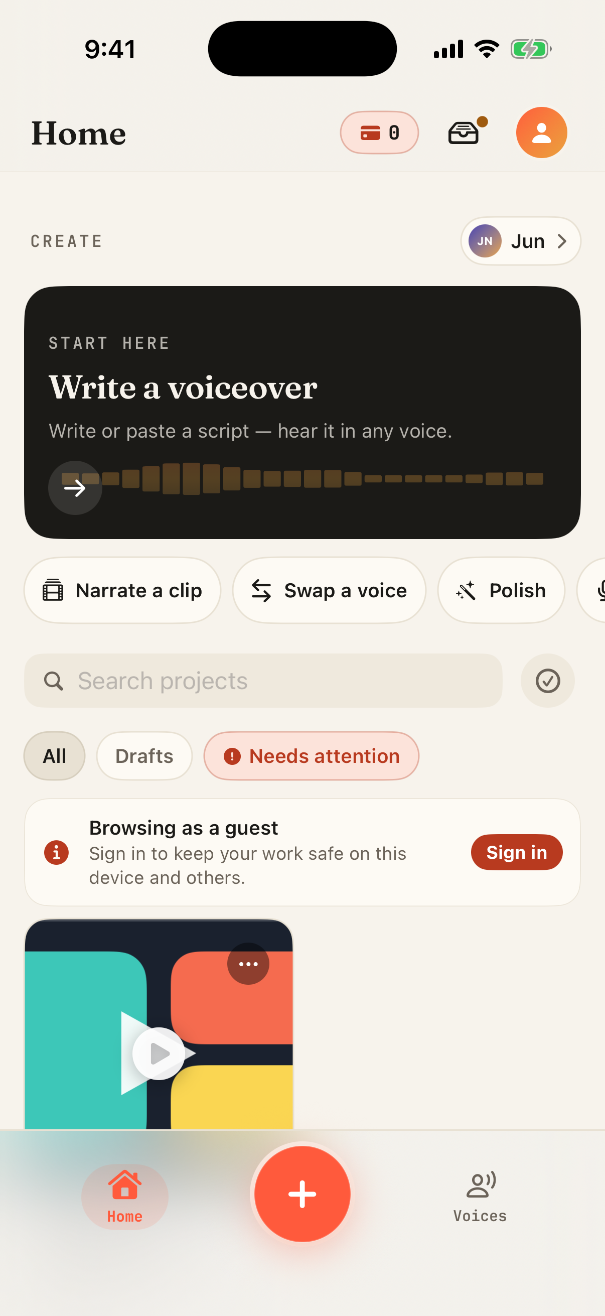 Voice Over AI Studio home screen with a library of recent voiceover projects