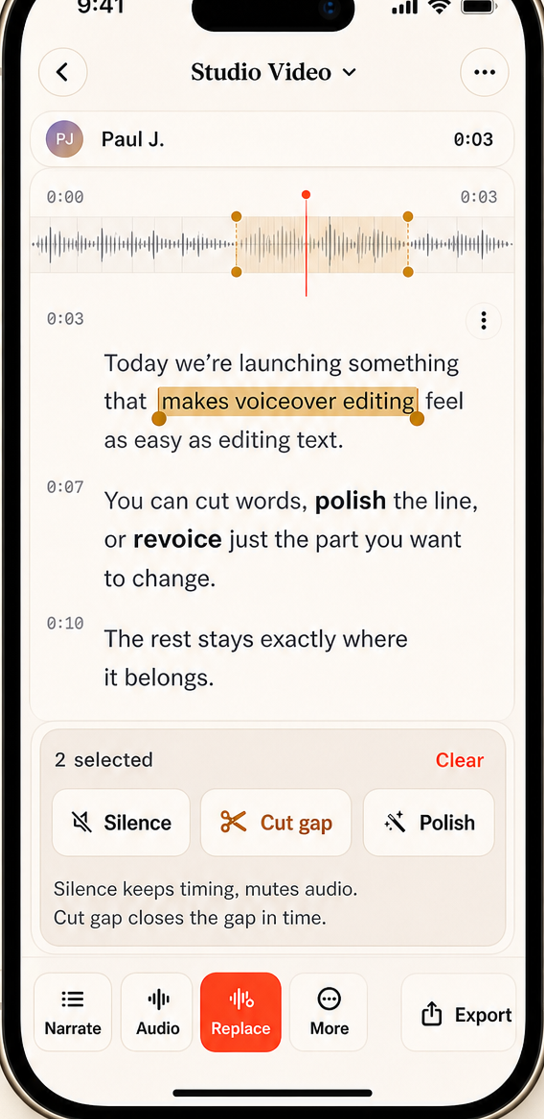 Voice Over AI Studio transcript editor showing the voiceover as an editable document with a selected phrase and word-level Silence, Cut gap, and Polish actions