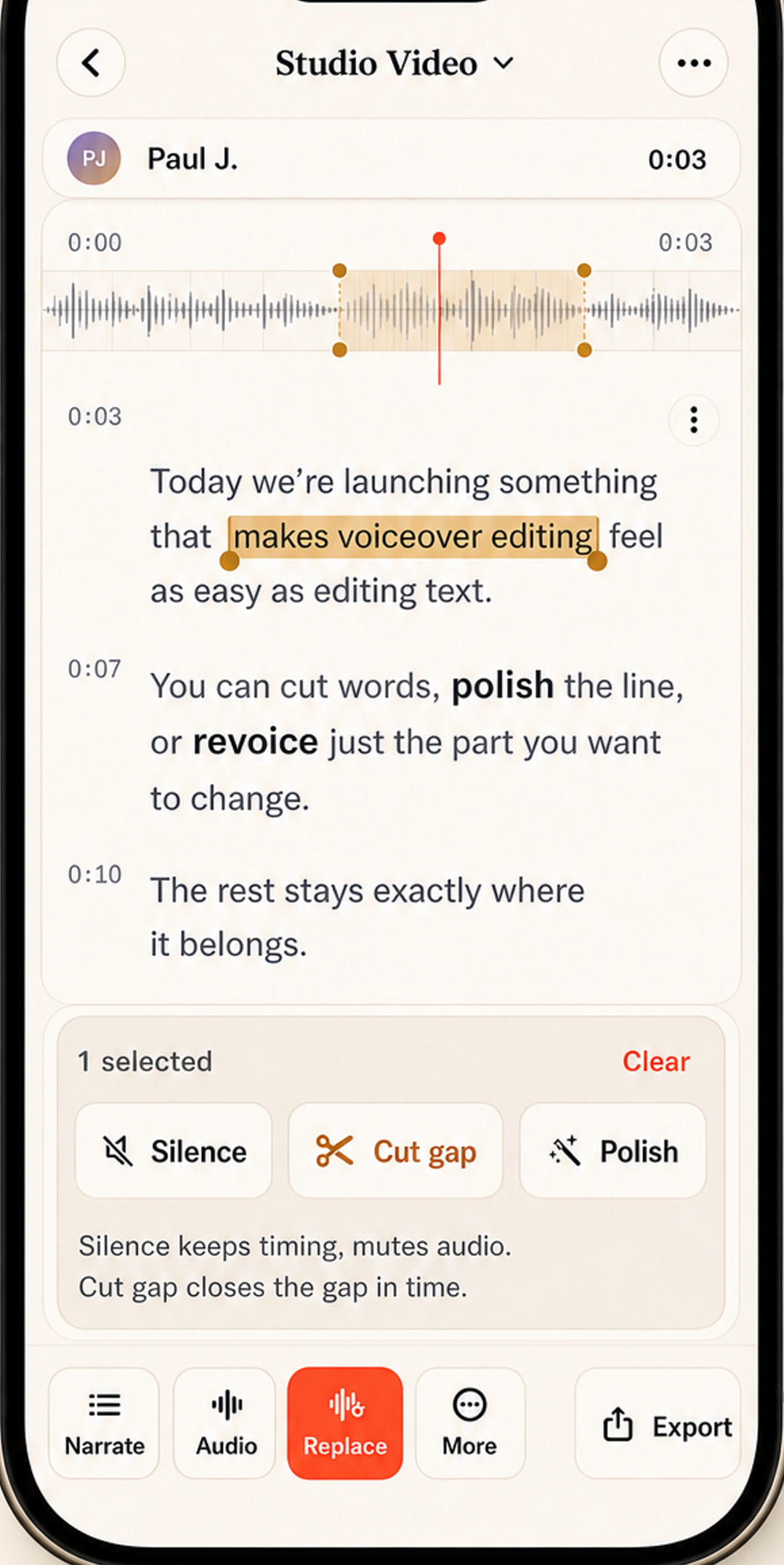 Voice Over AI Studio editor selecting a phrase to revoice in a chosen voice