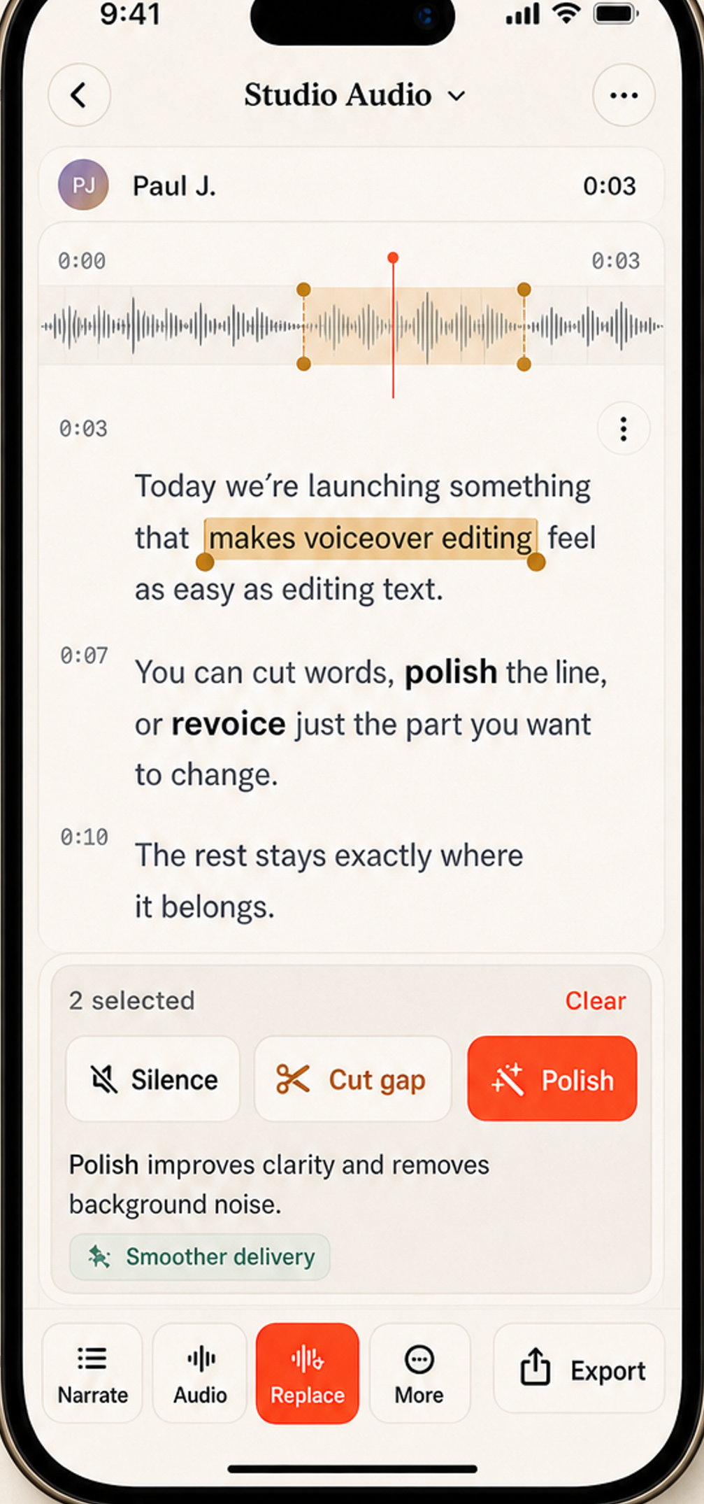 Voice Over AI Studio editor polishing a line — selecting a phrase and tapping Polish to clean and clarify the audio