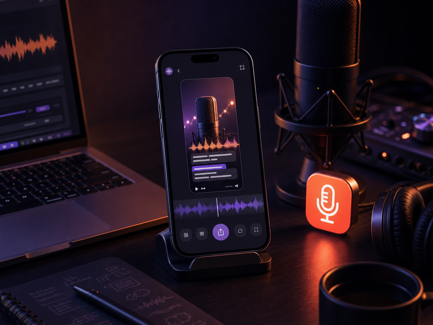 An iPhone showing a vertical audiograph export in a studio workspace