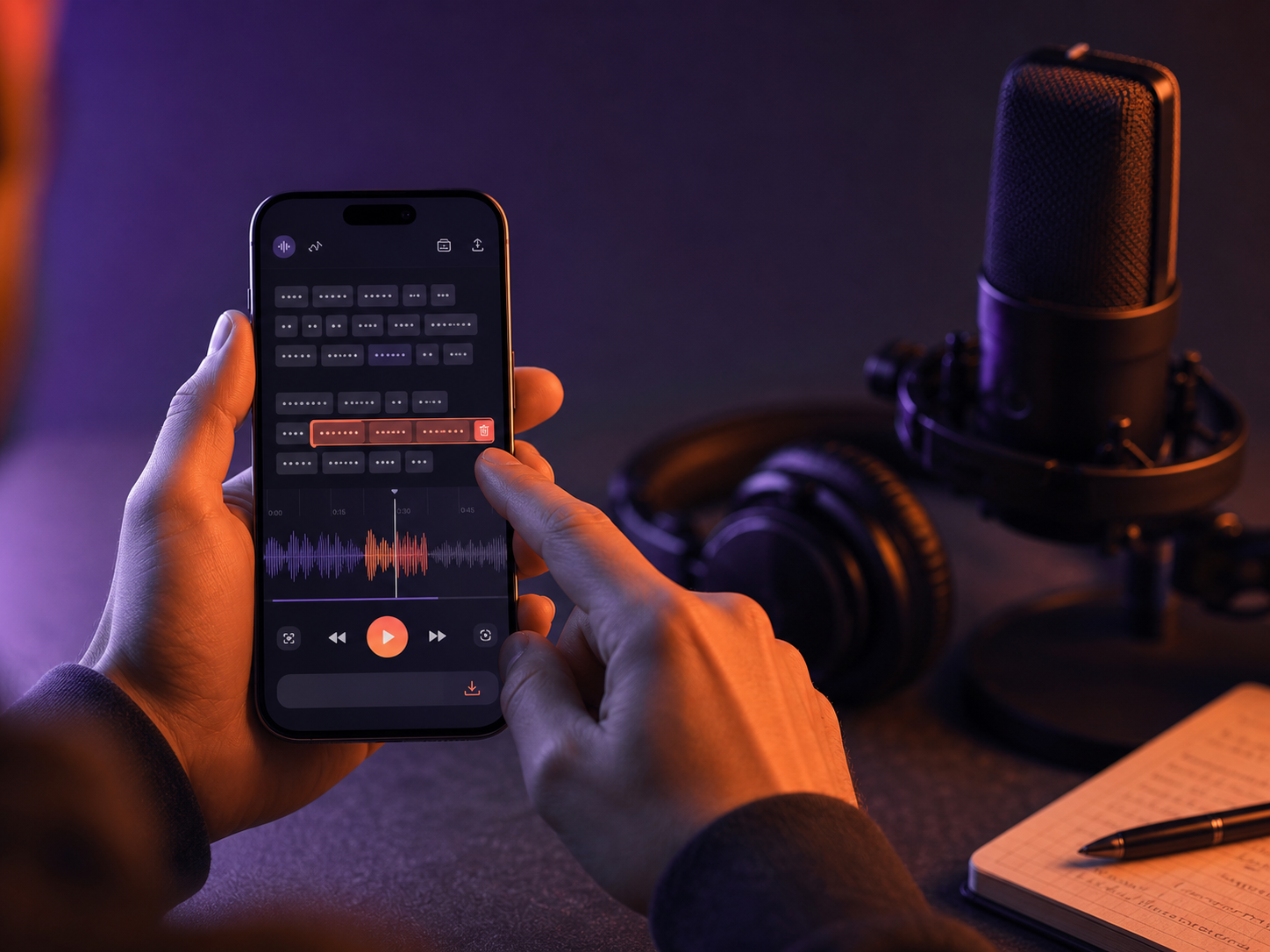A creator editing a spoken clip on an iPhone beside a studio microphone
