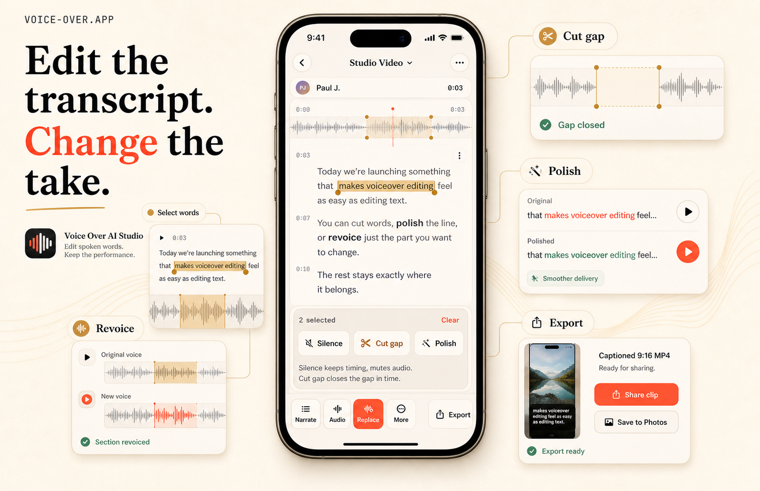 Voice Over AI Studio product overview showing transcript editing, cut gap, polish, revoice, and export workflows