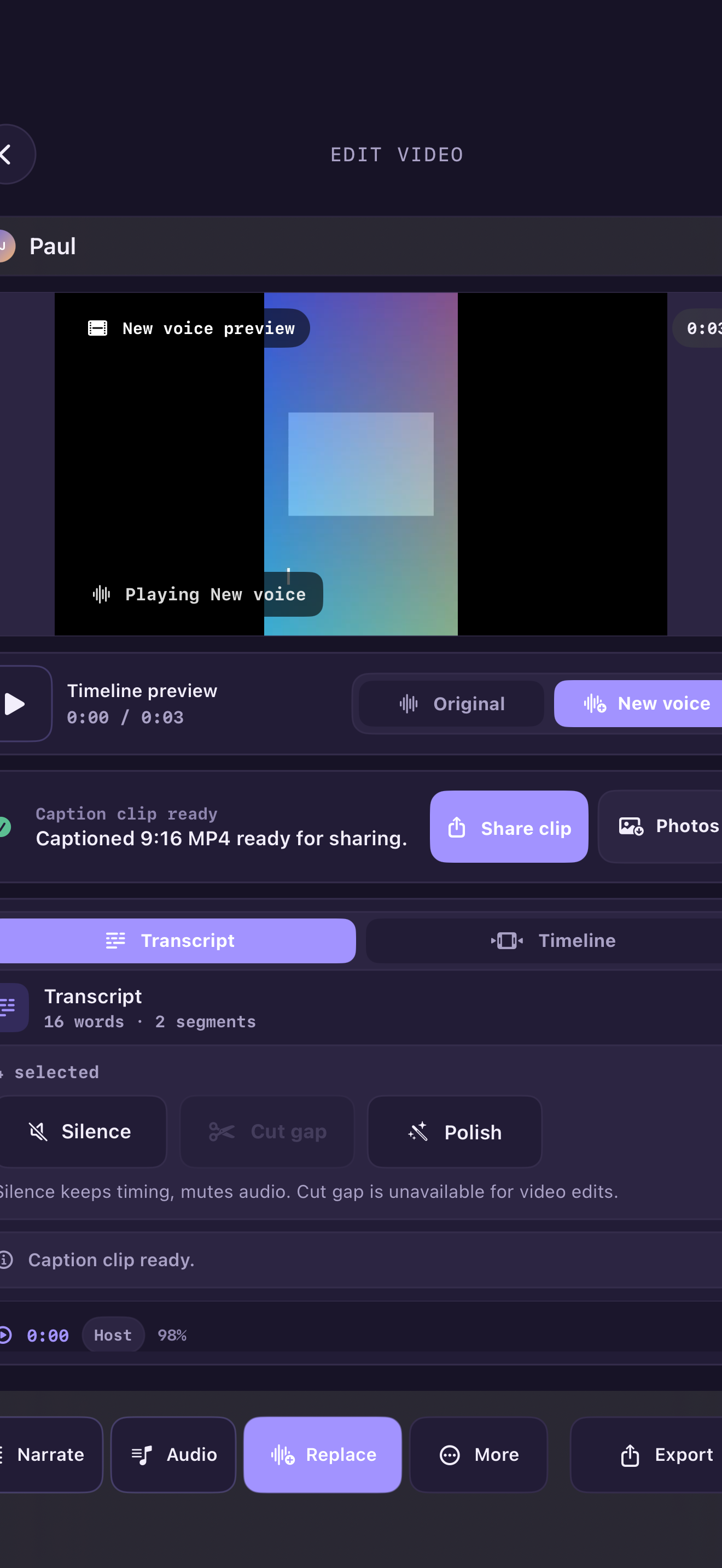 Actual Voice Over AI Studio audiograph export screen