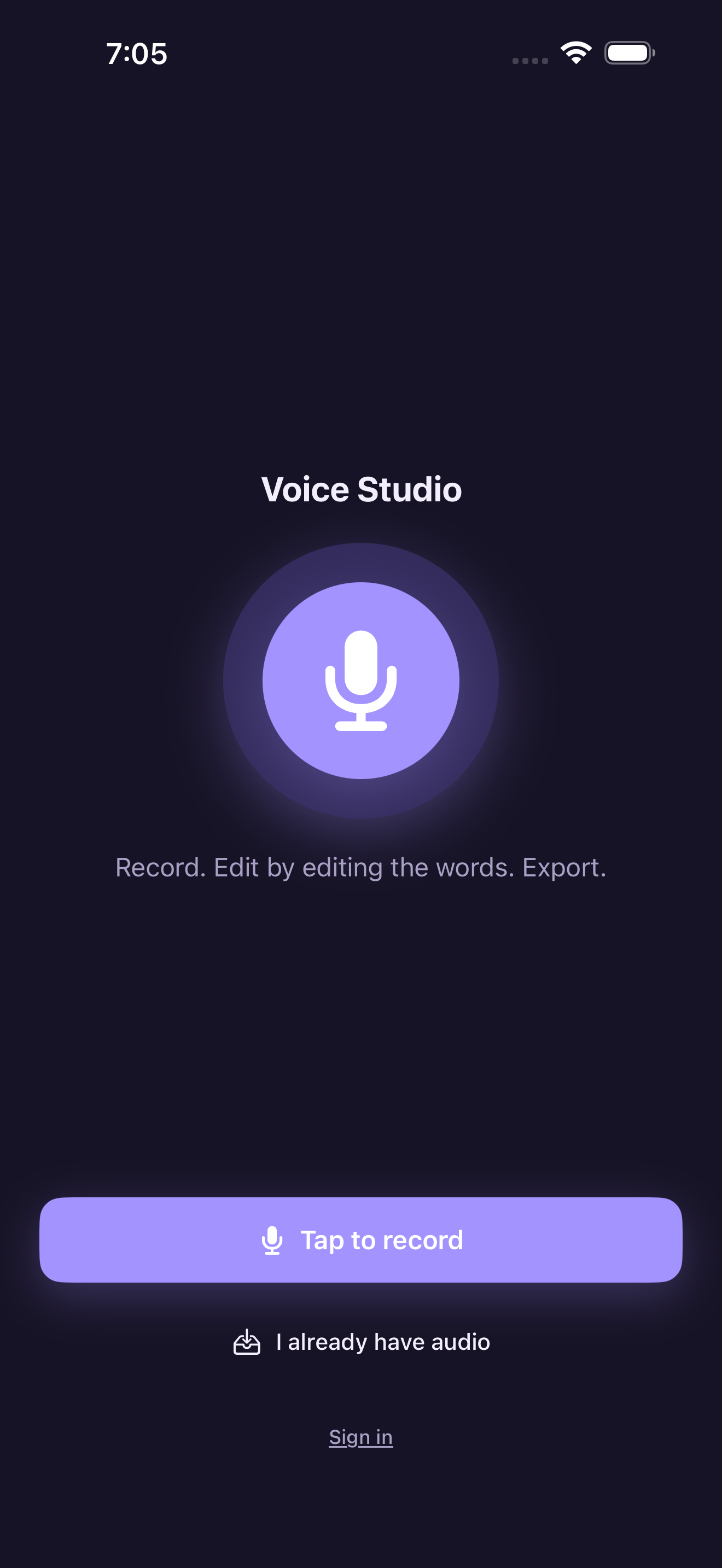 Voice Over AI Studio onboarding and privacy posture screen