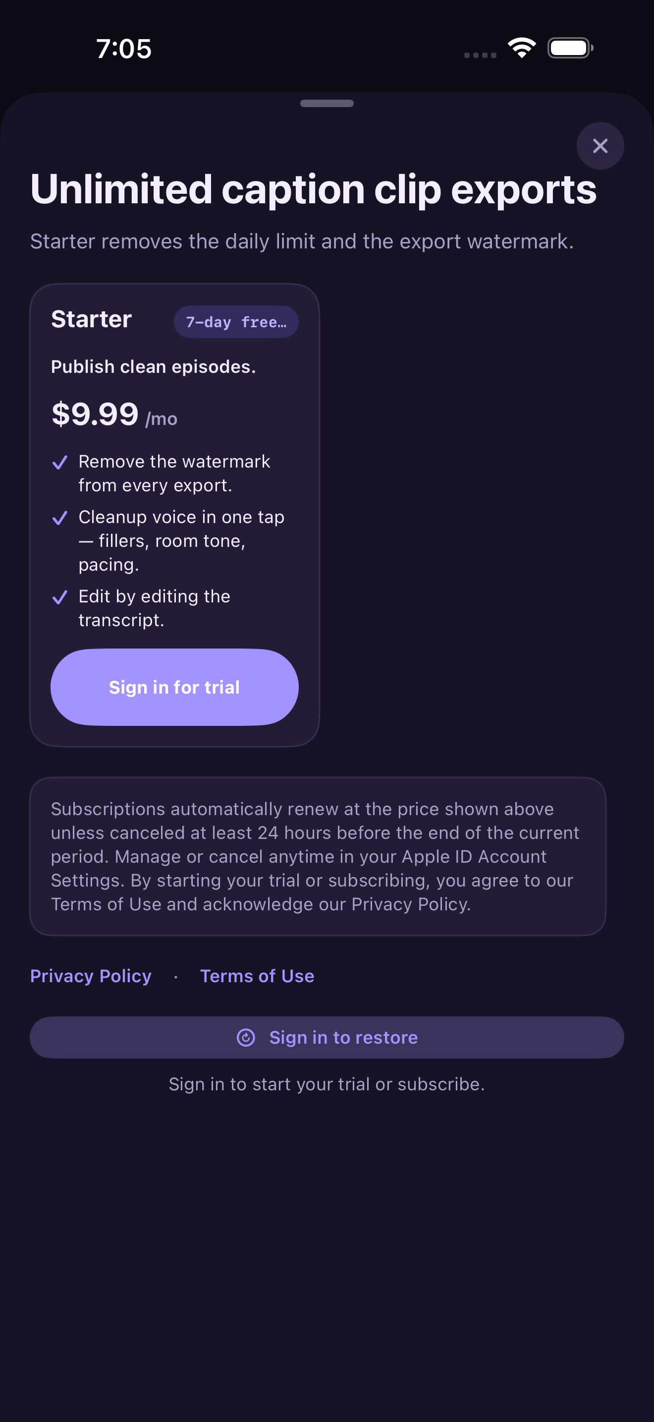 Voice Over AI Studio subscription disclosure screen