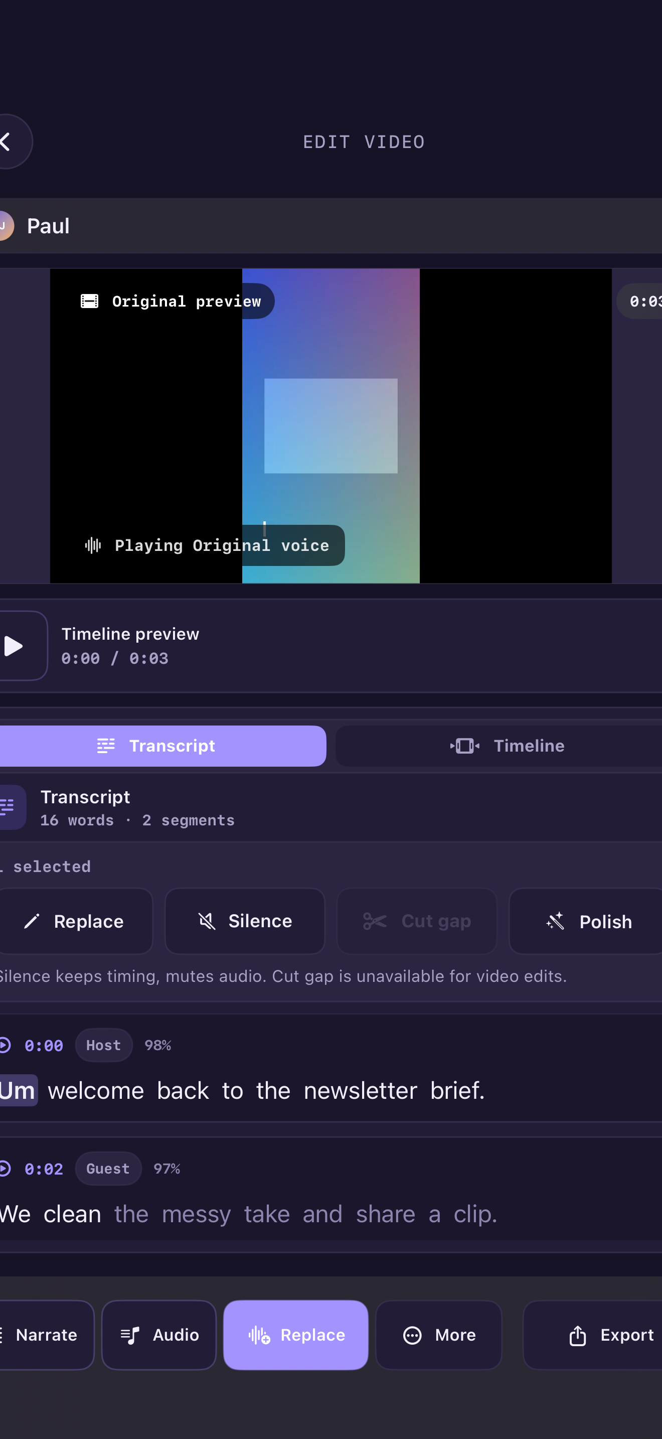 Voice Over AI Studio word deletion and cut screen