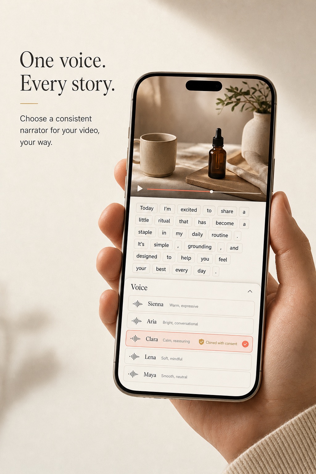A hand holds an iPhone showing a vertical video with its transcript and an open voice selector, one consent-cloned brand voice highlighted in coral