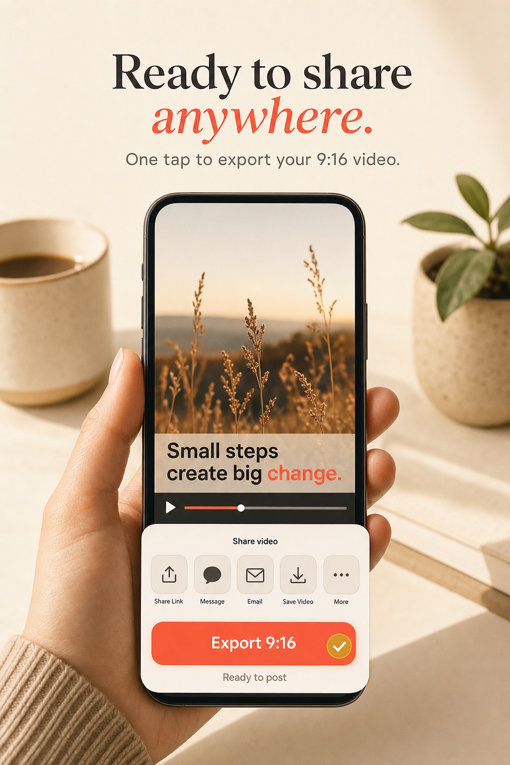 A hand holds an iPhone showing a finished captioned vertical video with the iOS share sheet sliding up and a coral Export 9:16 button