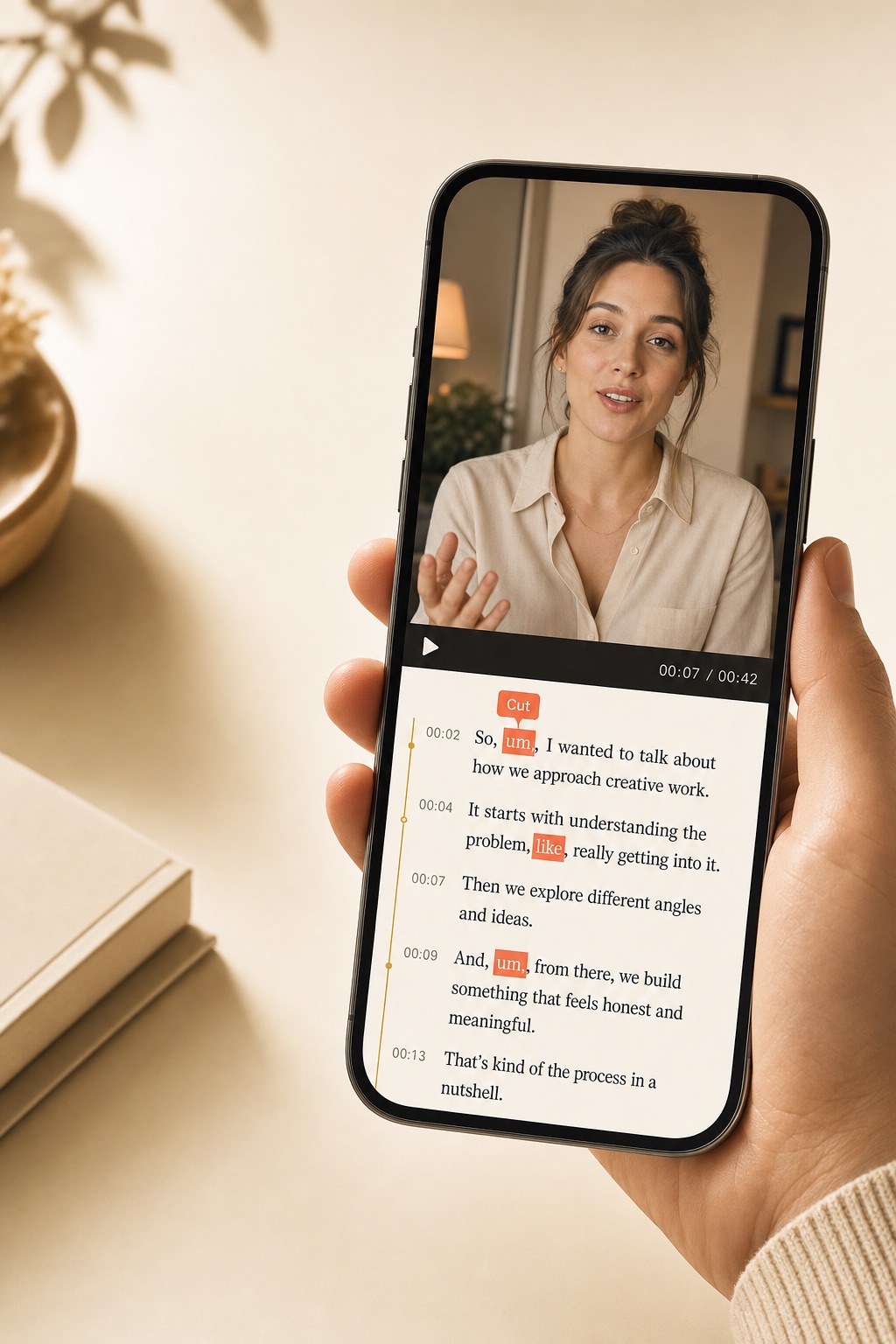 A hand holds an iPhone showing a vertical talking-to-camera video with its transcript below; the filler words um and like are highlighted in coral with a Cut chip