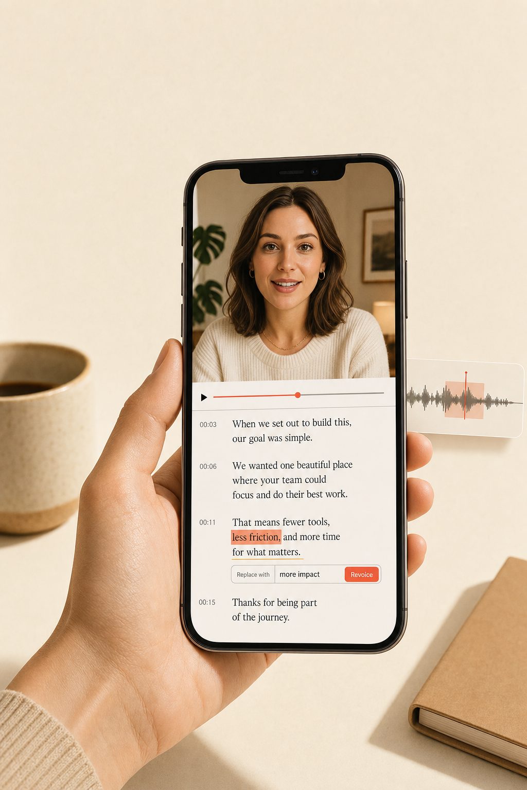 A hand holds an iPhone showing a vertical video with its spoken transcript below; one phrase is highlighted in coral with a Revoice button, fixing a wrong word in the speaker's own voice